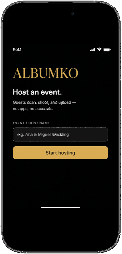 AlbumKo host app: start hosting an event named Ana and Miguel Wedding.