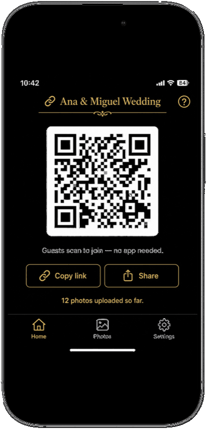 Host home screen with a QR code to share, copy, or send.