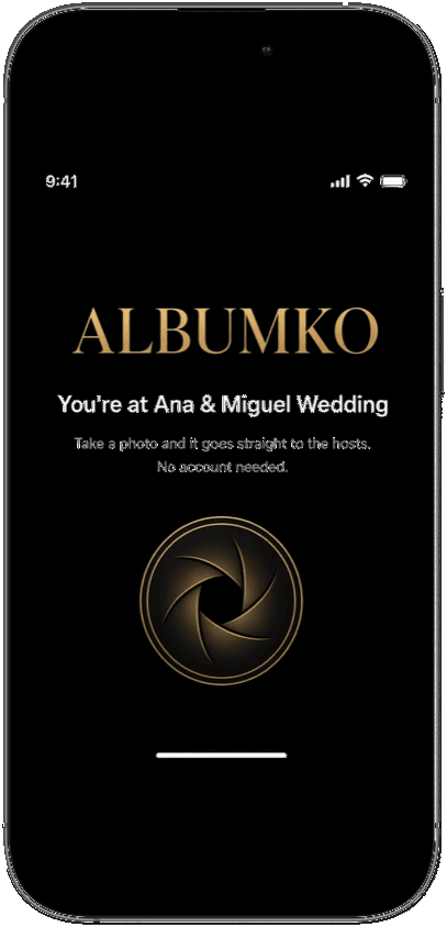 Guest page in the browser: no account, shutter to upload.